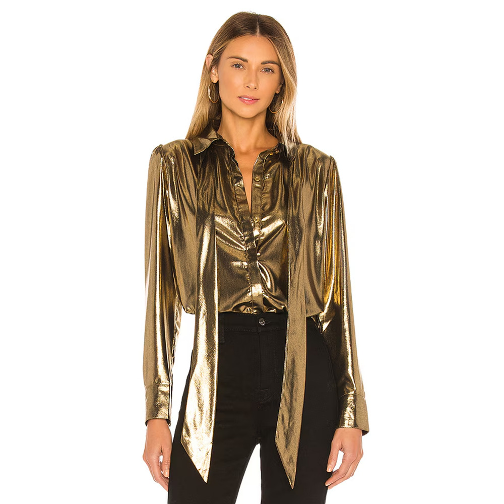 7 For All Mankind Foil Satin Long Sleeve Blouse with Neck Tie Gold Women's Large